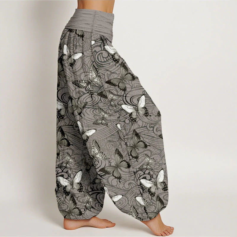 Buddha Stones Pure Cotton Gray Black Butterfly Striped Women's Elastic Waist Harem Pants