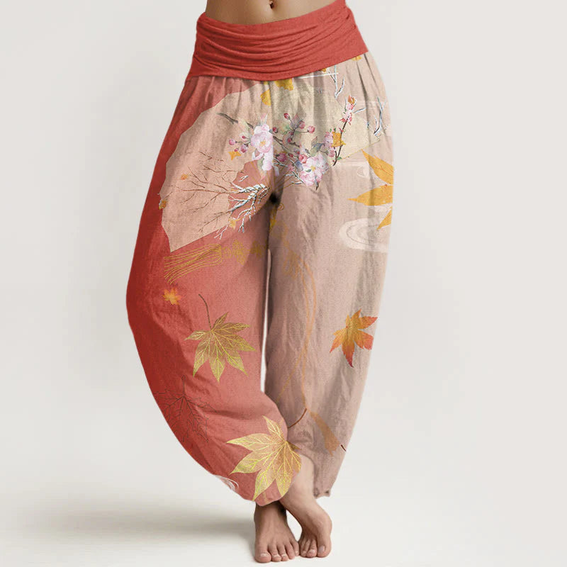 Buddha Stones Cotton Casual Folding Fan Flowers Maple Leaves Cloud Pattern Women's Elastic Waist Harem Pants