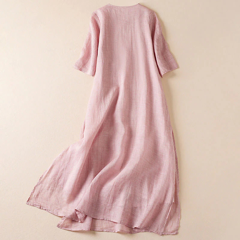 Buddha Stones Embroidered Leaf Crew Neck Half Sleeve Fiber Midi Dress