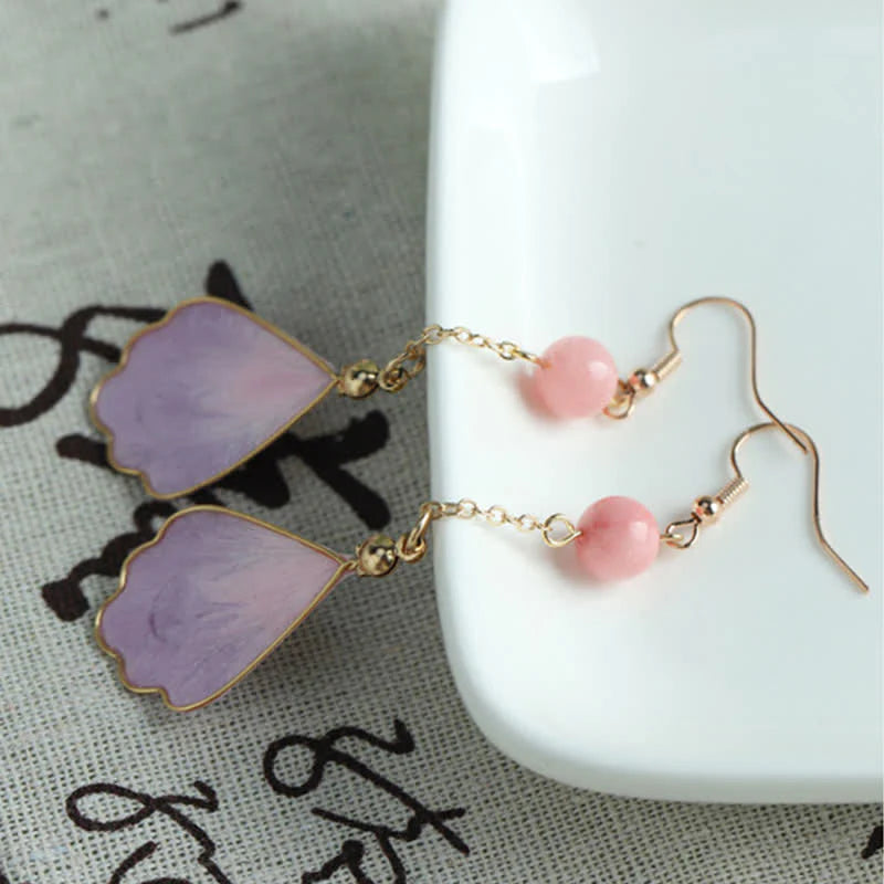 Buddha Stones Handcrafted Silk Art Petal Good Fortune Blessing Dangle Hook Earrings