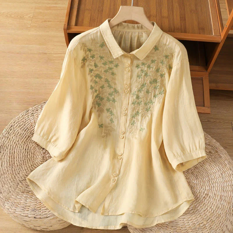 Buddha Stones Casual Plant Embroidery Stand Collar Women's Cotton Blend Three Quarter Sleeve Shirt