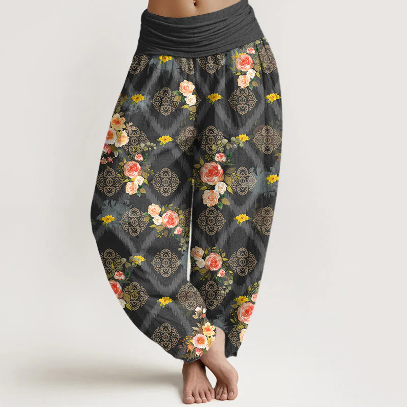 Buddha Stones Cotton Rose Geometric Colorful Flower Pattern Women's Elastic Waist Harem Pants