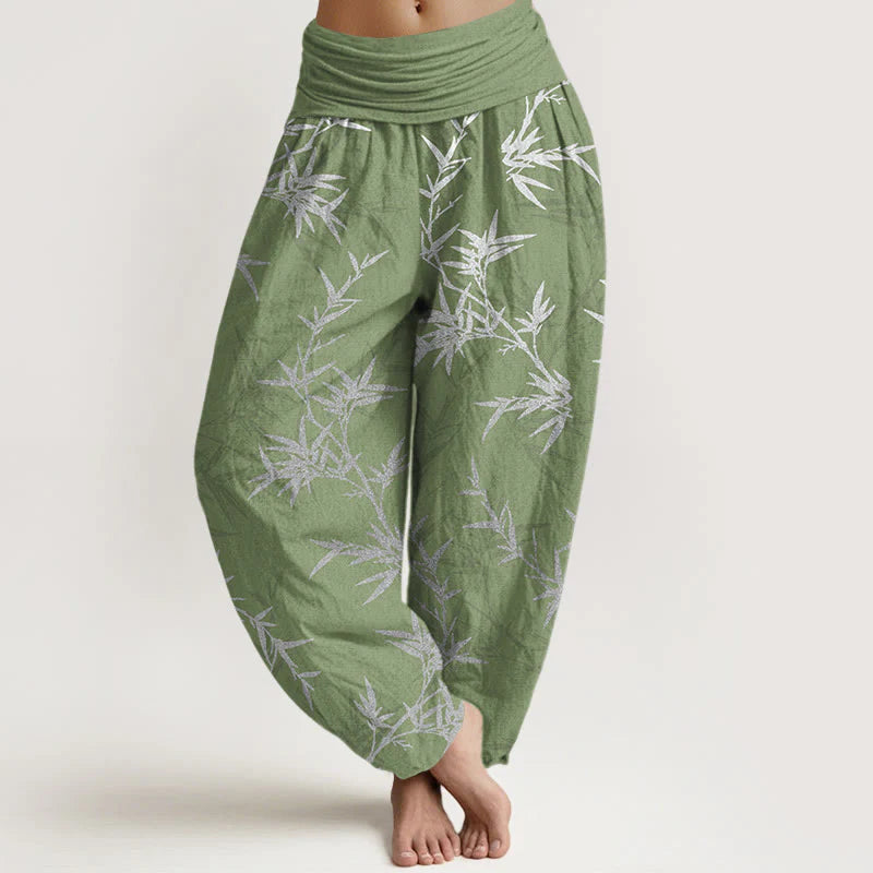 Buddha Stones Pure Cotton White Bamboo Leaves Women's Elastic Waist Harem Pants