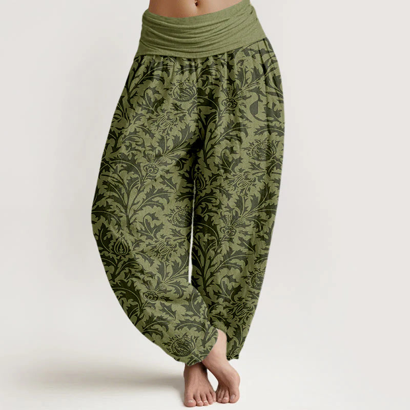 Buddha Stones Cotton Flowers Buds Serrated Leaves Pattern Women's Elastic Waist Harem Pants