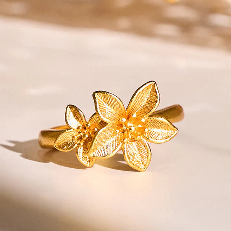 Buddha Stones Lilac Flower Adjustable 24k Gold Plated Copper Brass Ring
