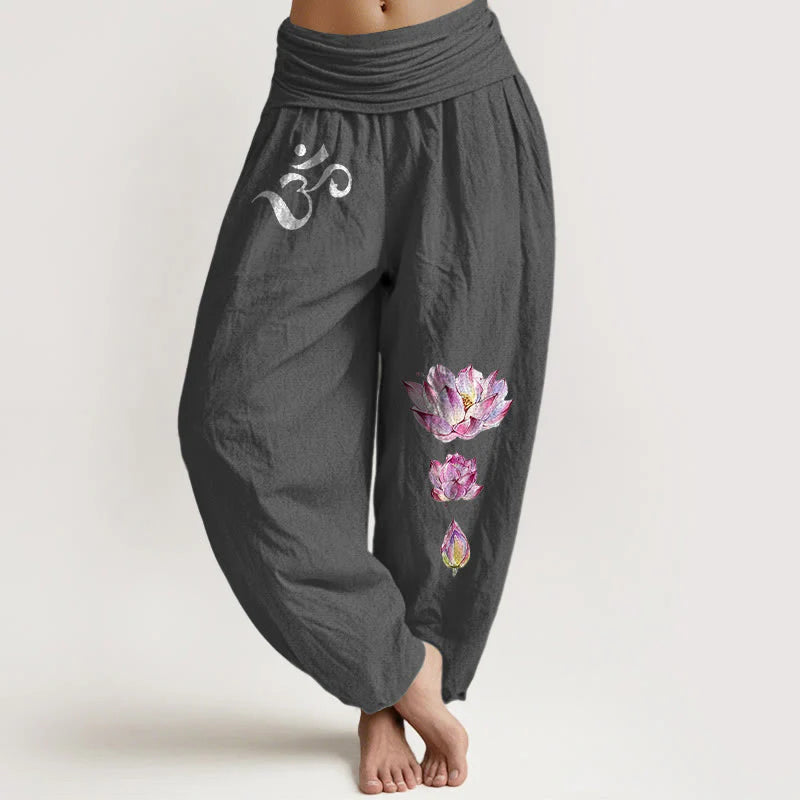 Buddha Stones Blooming Lotus Om Symbol Pattern Women's Elastic Waist Harem Pure Cotton Pants