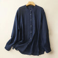 Buddha Stones Solid Color Crew Neck Buttons Design Women's Cotton Long Sleeve Shirt