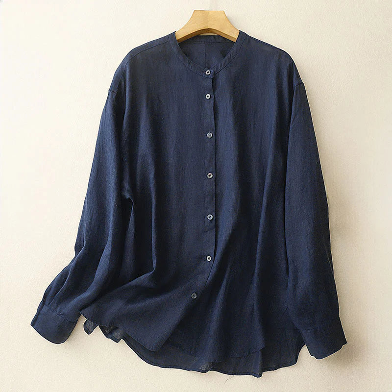 Buddha Stones Solid Color Crew Neck Buttons Design Women's Cotton Long Sleeve Shirt