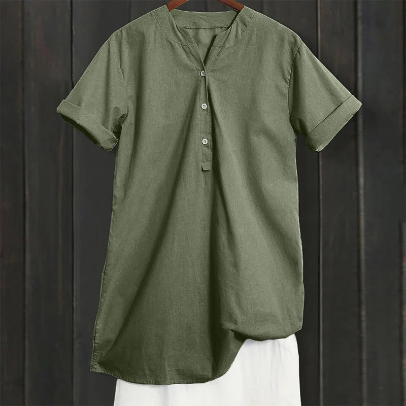 Buddha Stones Casual Plain Button Notched Collar Women's Short Sleeve Shirt