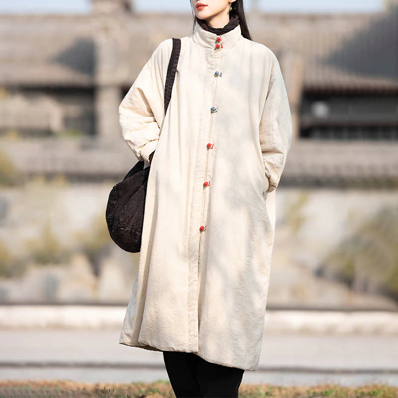 Buddha Stones Winter Solid Frog-Button Ramie Cotton Women's Long Sleeve Thermal Coat With Pockets