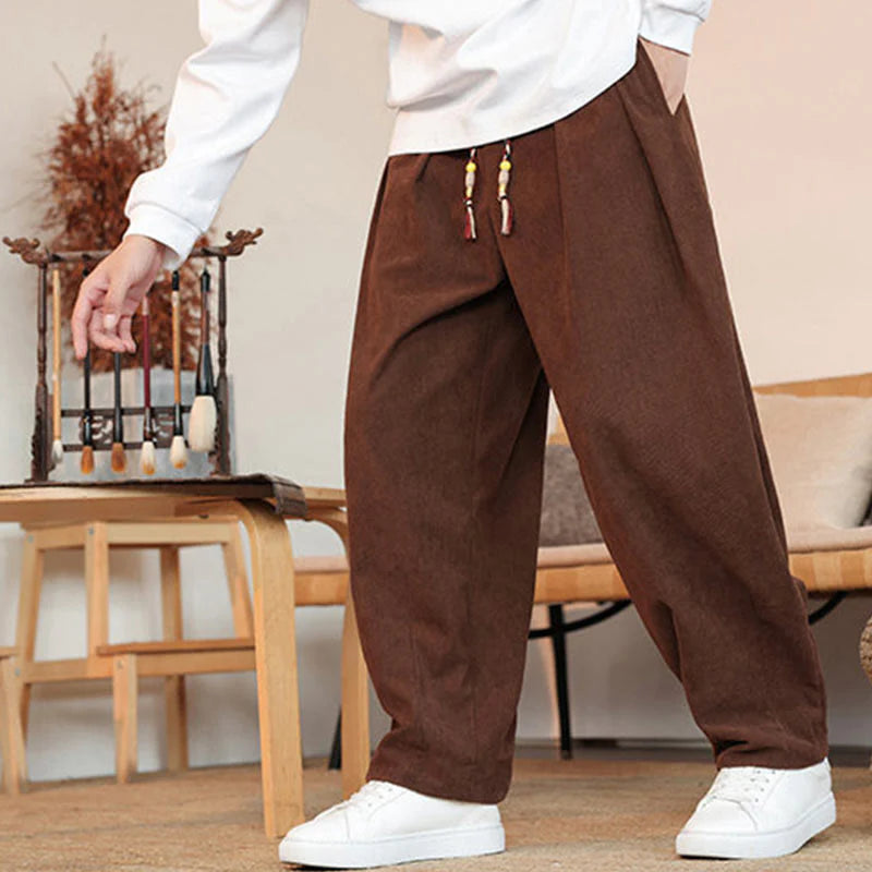 Buddha Stones Fall Winter Men's Drawstring Corduroy Solid Pants With Pockets