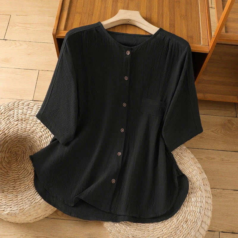 Buddha Stones Casual Plain Buttons Half Sleeve Women's Cotton Linen Shirt With Pocket