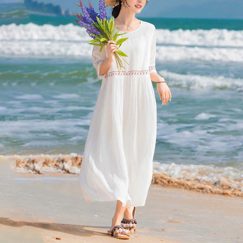 Buddha Stones Solid Color Embroidery Short Sleeve Cotton Midi Dress