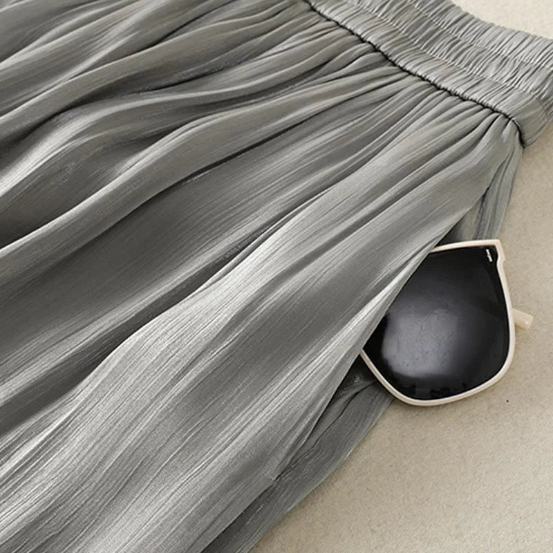 Buddha Stones Light Gray Pleated Design Elastic Waist Women's Wide Leg Pants With Pockets