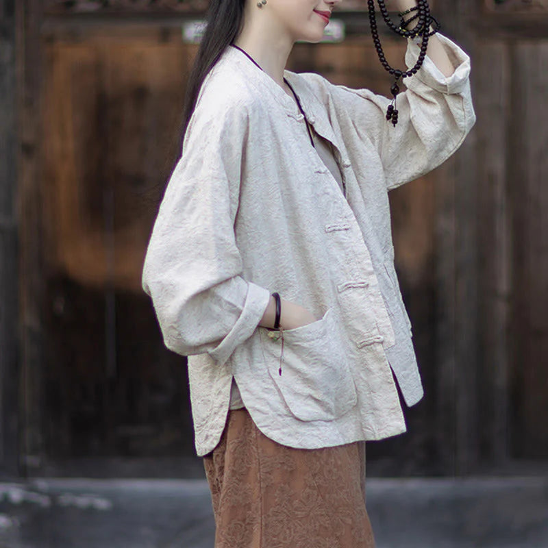 Buddha Stones Fall Jacquard Women's Frog-Button Long Sleeve Shirt Pants Cotton Linen Clothing