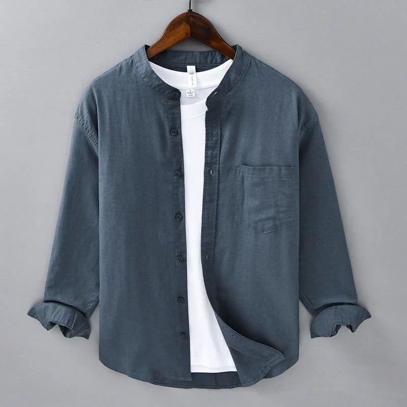 Buddha Stones Men's Long Sleeve Stand Collar With Pocket Pure Color Casual Cotton Linen Shirt