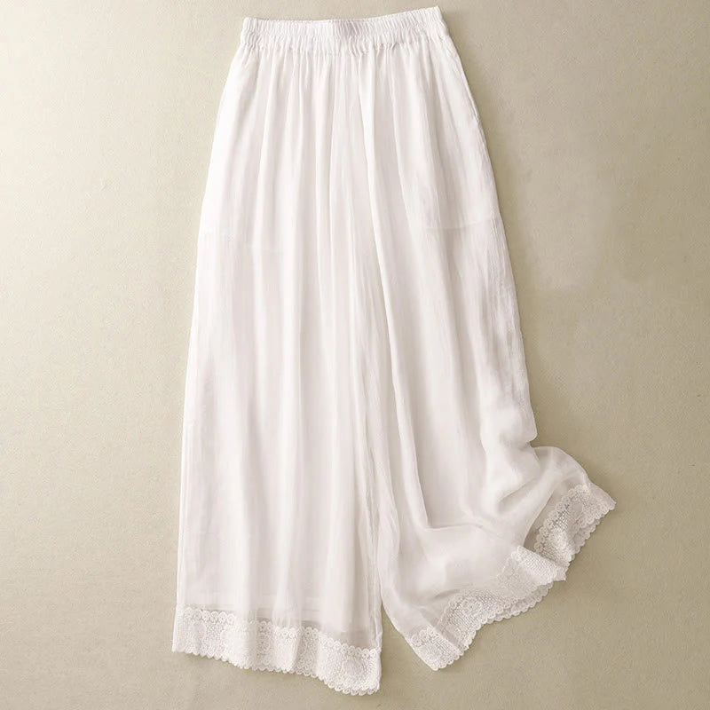 Buddha Stones Spring Vintage Casual Solid Color Lace Patchwork Cuff Women's Cotton Linen Wide Leg Pants With Pockets