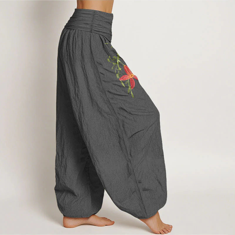 Buddha Stones Pure Cotton Brightly Colored Lilies Five-Petaled Flower Pattern Women's Elastic Waist Harem Pants