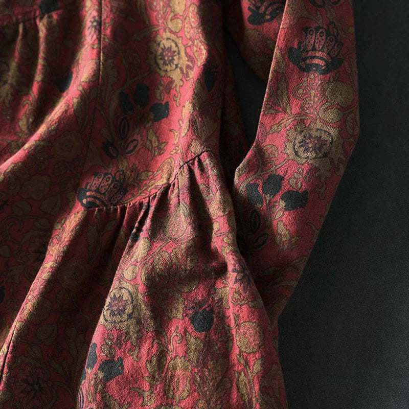 Buddha Stones Retro Floral Pattern A-line Design Long Sleeve Women's Cotton Maxi Dress