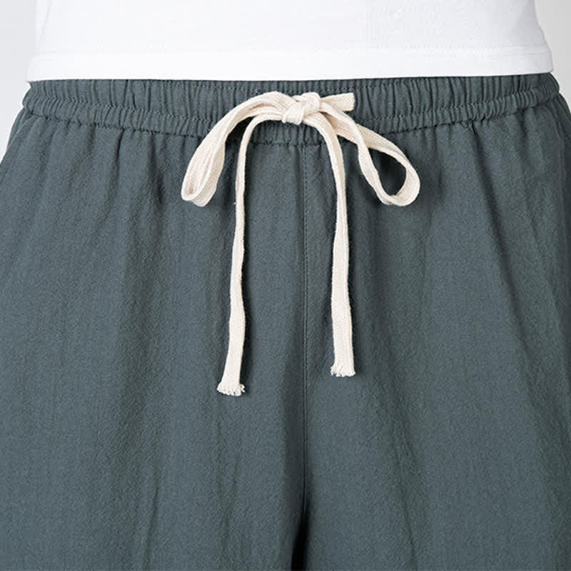 Buddha Stones Plain Drawstring Capri Length Men's Cotton Linen Harem Pants With Pockets