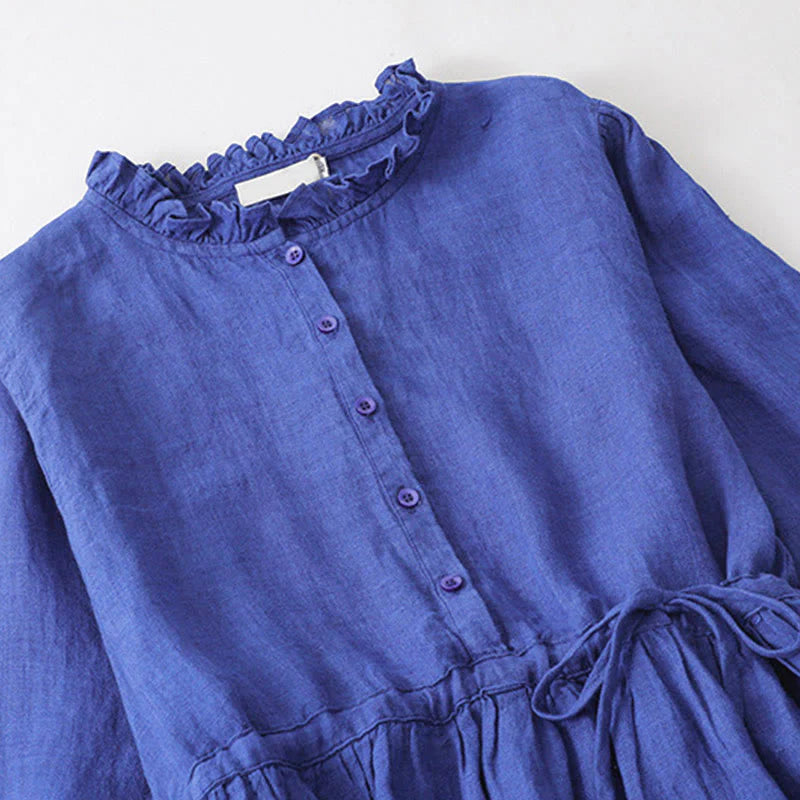 Buddha Stones Plain Long Sleeve Cotton Midi Dress With Pockets