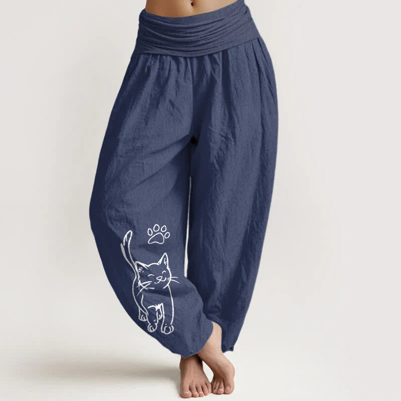 Buddha Stones Pure Cotton Cute Cat Print Women's Harem Elastic Waist Pants