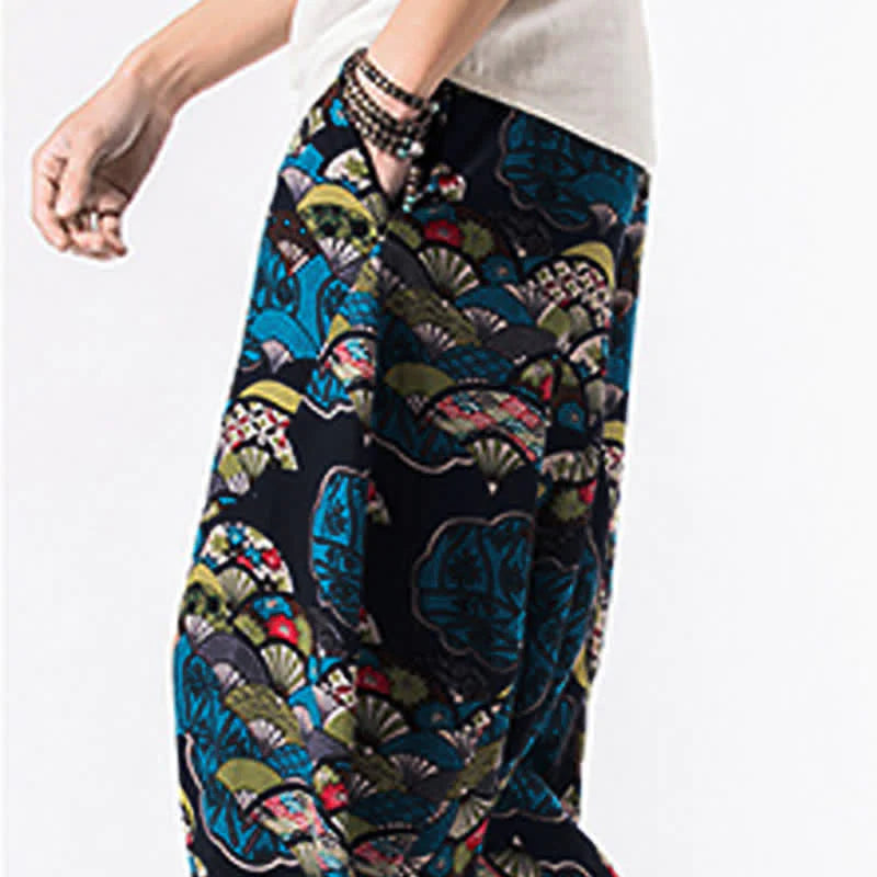 Buddha Stones Ethnic Printing Floral Geometric Pattern Men's Harem 7-8 Length Pants With Pockets