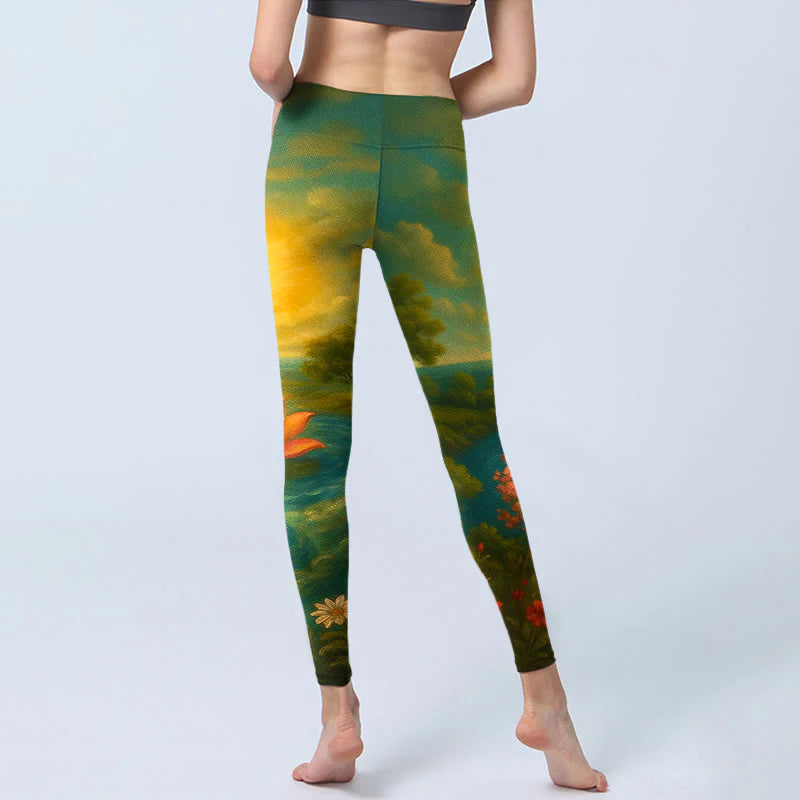 Buddha Stones Symmetrical Om Symbol Lotus Flower Small Flower Tree Cloud Pattern Print Gym Leggings Women's Yoga Pants