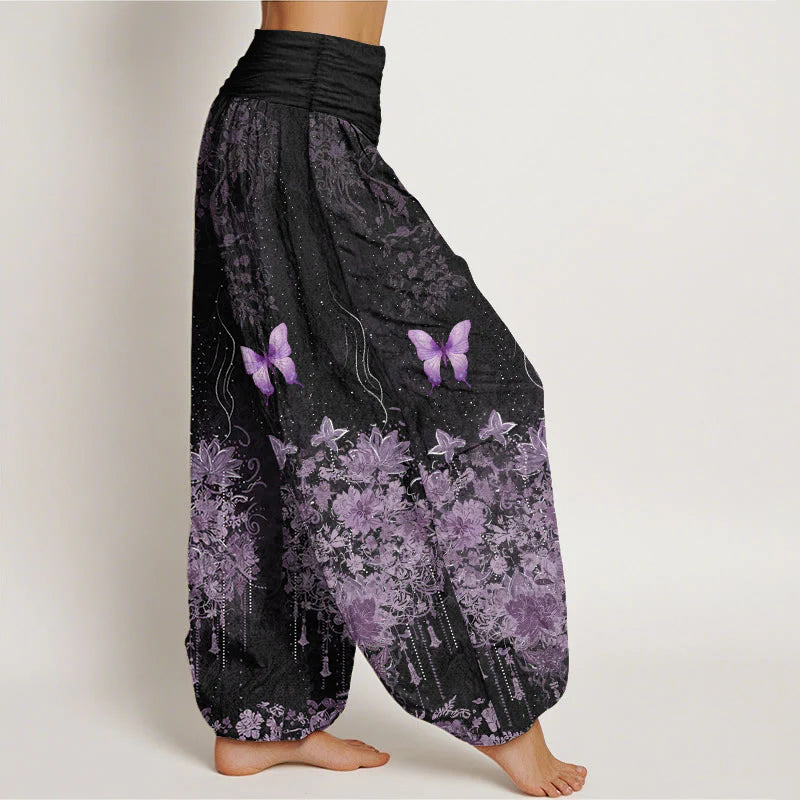 Buddha Stones Cotton Butterfly Floral Pattern Women's Elastic Waist Harem Pants