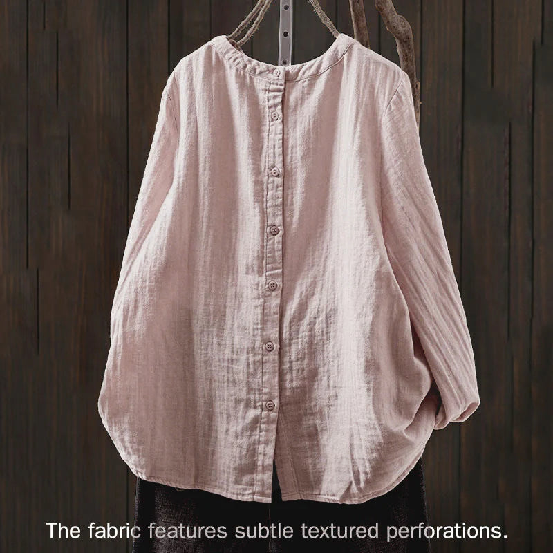 Buddha Stones Fall Crew Neck Back Button Down Design Long Sleeve Women's Cotton Shirt
