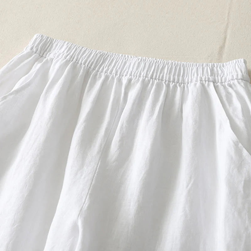 Buddha Stones Summer Daily Solid Color Elastic Waistband Design Women's Wide Leg Cotton Linen Pants With Pockets