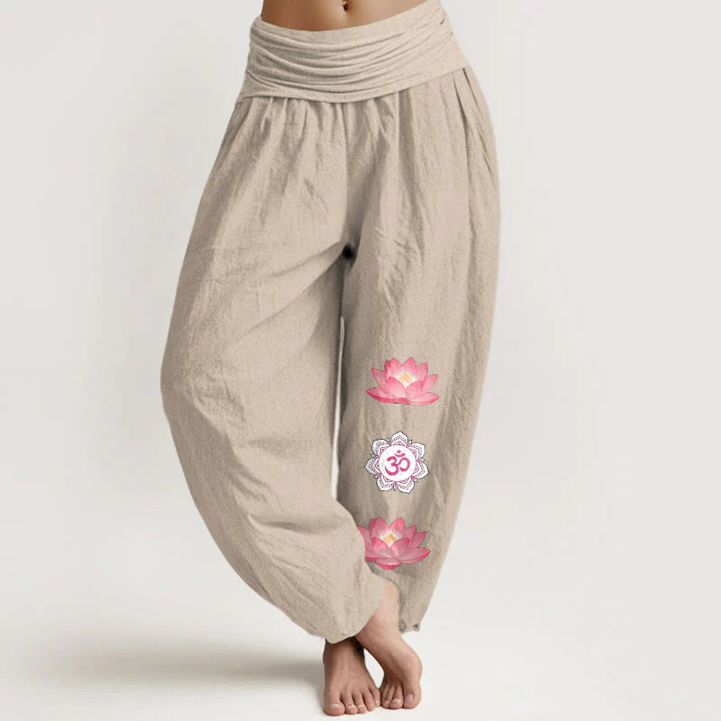 Buddha Stones Cotton Om Lotus Flower Pattern Women's Elastic Waist Harem Pants