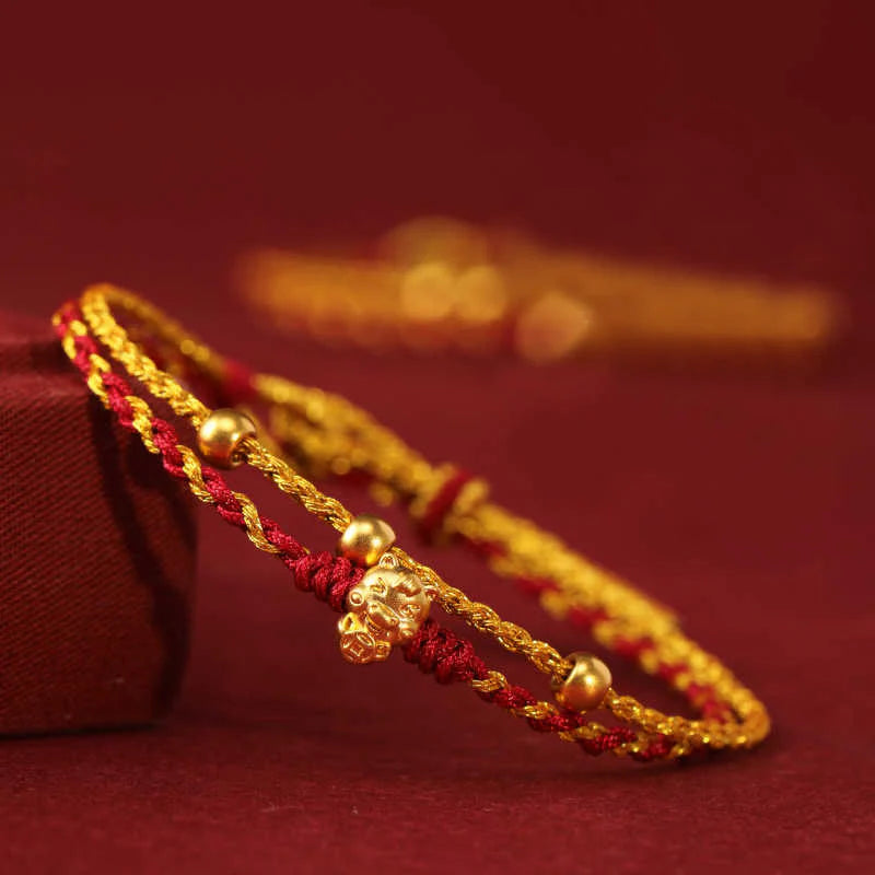 Buddha Stones 999 Gold Beads Year Of The Horse Double Wrap Golden Red String Luck Bracelet