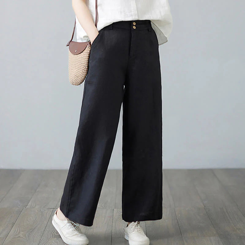 Buddha Stones Daily Solid Color Patchwork Simple Design Cotton Linen Women's Pants With Pockets