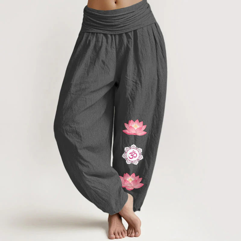 Buddha Stones Cotton Om Lotus Flower Pattern Women's Elastic Waist Harem Pants