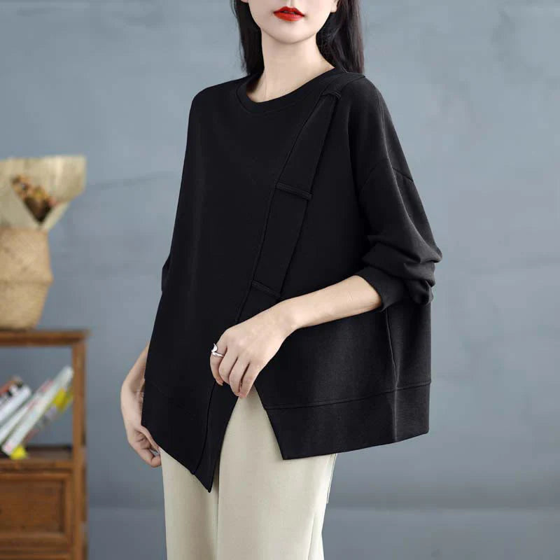 Buddha Stones Fall Solid Color Asymmetrical Design Crew Neck Long Sleeve Women's Cotton Sweatshirt
