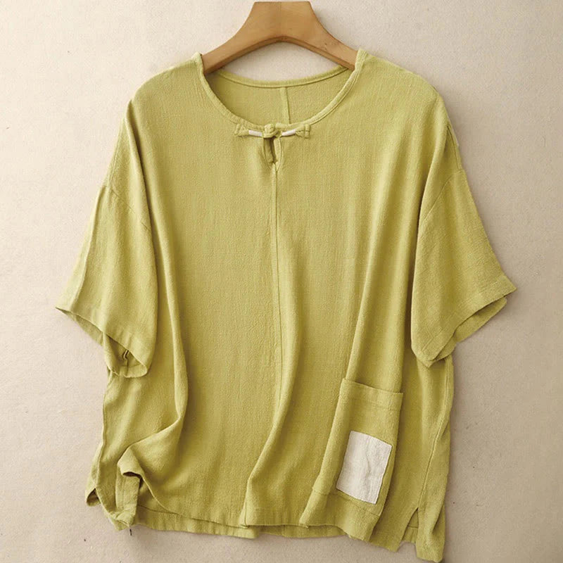 Buddha Stones Colorblock Side Slit  Frog-Button Cotton Linen Half Sleeve Women's Shirt With Pockets