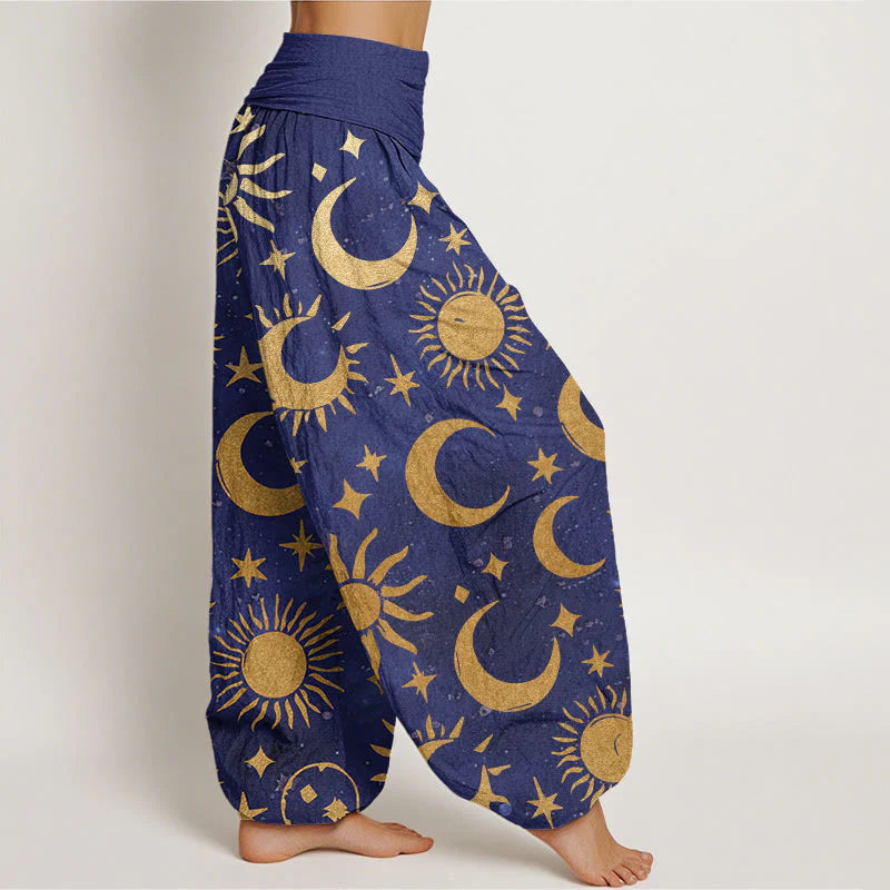 Buddha Stones Cotton Crescent Moon Sun Stars Pattern Design Women's Elastic Waist Harem Pants