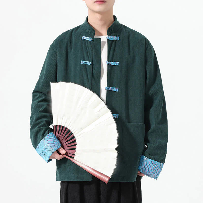 Buddha Stones Floral Design Long Sleeve Men's Cotton Corduroy Tang Suit Jacket With Pockets