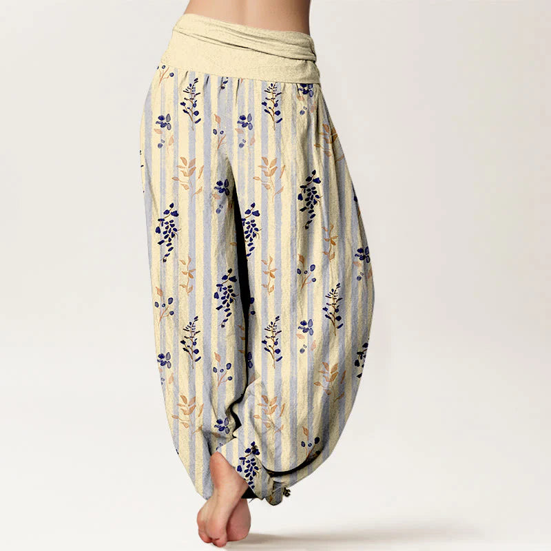 Buddha Stones Cotton Softly Colored Leaf Striped Pattern Women's Elastic Waist Harem Pants