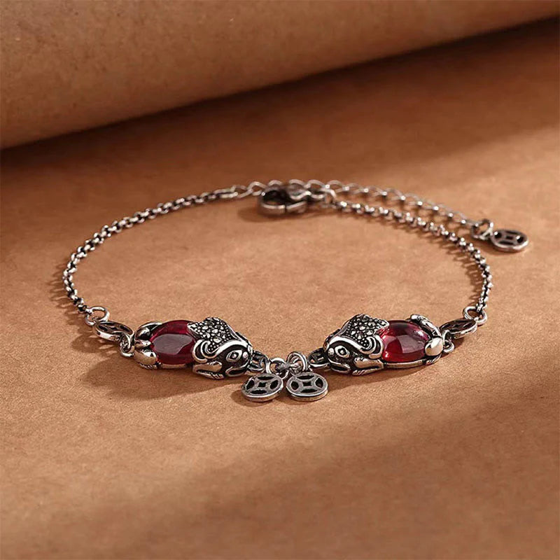 Buddha Stones Garnet Double PiXiu Copper Coin Protection Chain Bracelet (Extra 40% Off | USE CODE: FS40)