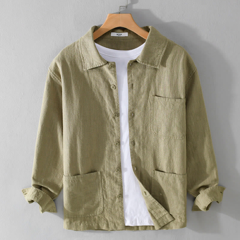 Buddha Stones Commute Fall Solid Color Lapel Men's Long Sleeve Cotton Linen Shirt With Pocket