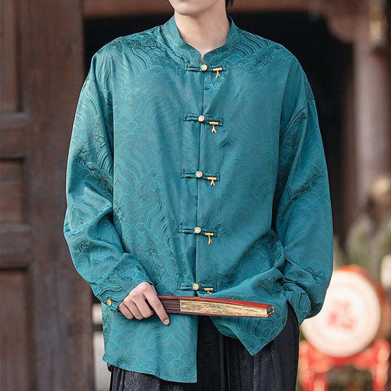 Buddha Stones Chinese Frog-Button Bamboo Shape Design Stand Collar Men's Long Sleeve Shirt