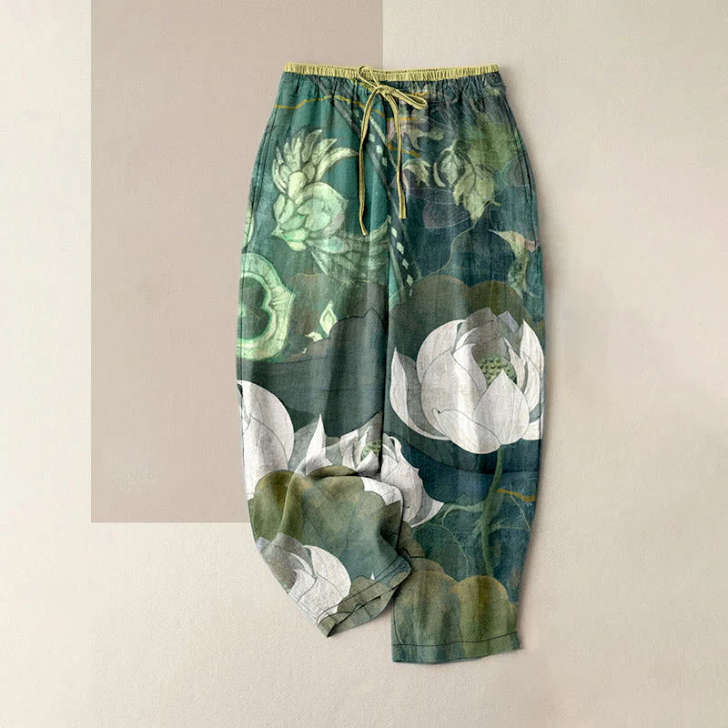 Buddha Stones Cotton Casual White Lotus Leaves Pattern Women's Elastic Waist Pants With Pockets