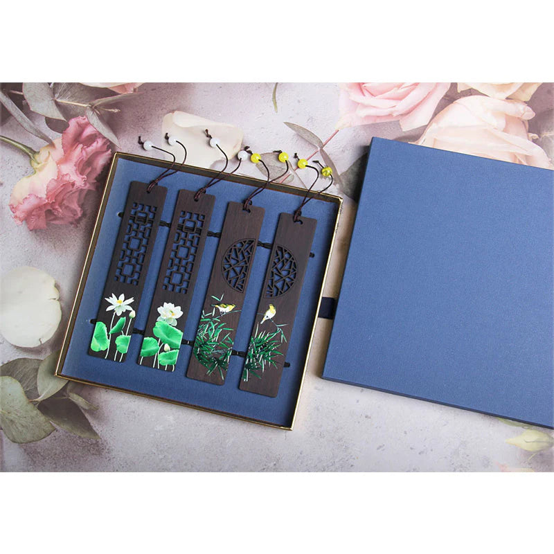 Buddha Stones Green Lotus Bamboo Oriole Ebony Wood Bookmarks With Gift Box (Extra 35% Off | USE CODE: FS35)