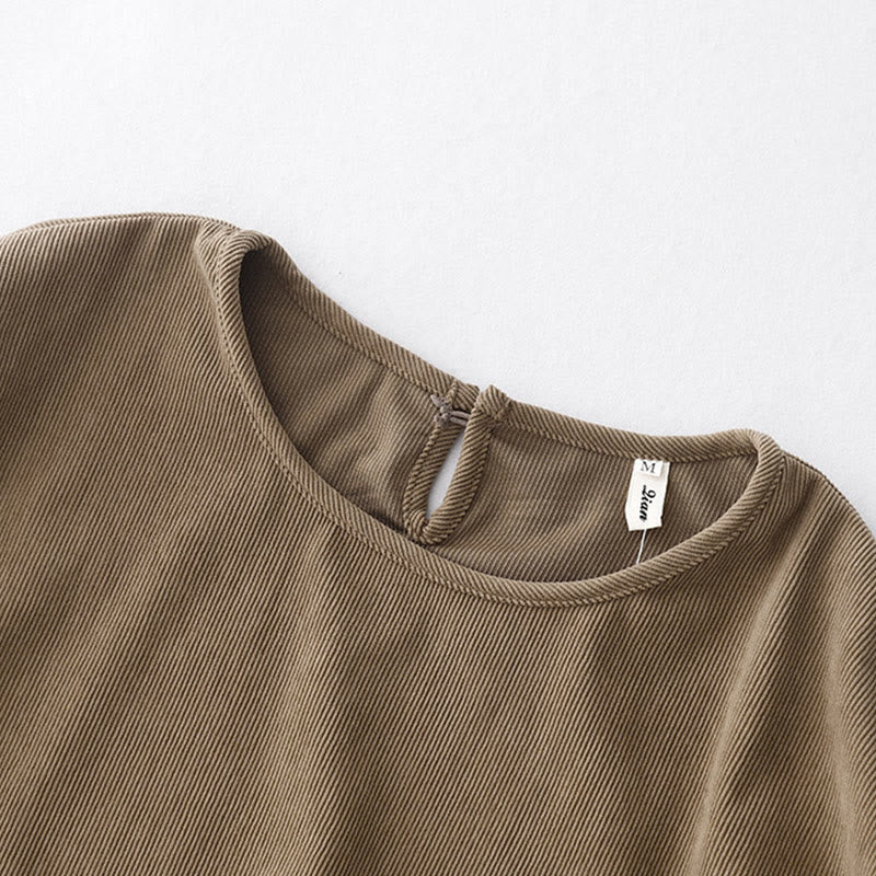 Buddha Stones Tan Solid Color Corduroy Puff Long Sleeve Midi Dress