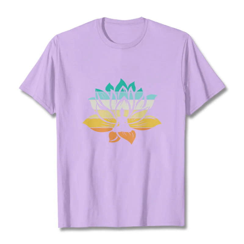 Buddha Stones Gradient-colored Lotus Flower Buddha Meditation Cotton Tee T-shirt