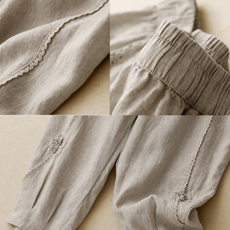 Buddha Stones Summer Frog-Button Lace High Waist Women's Cotton Linen Pants With Pockets