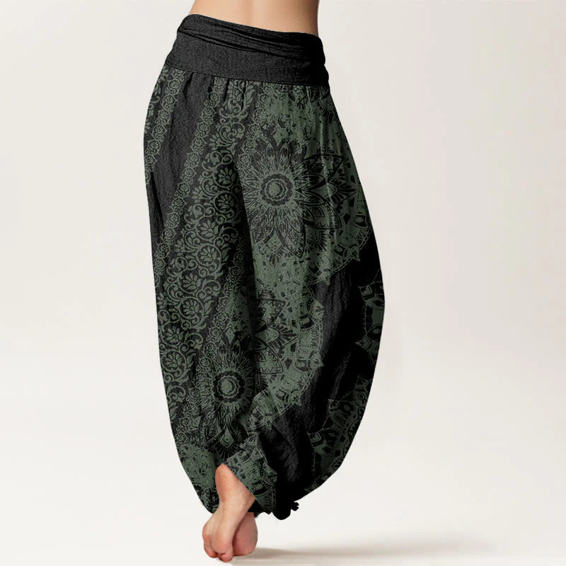 Buddha Stones Cotton Mandala Pattern Parallel Flowers Women's Elastic Waist Harem Pants