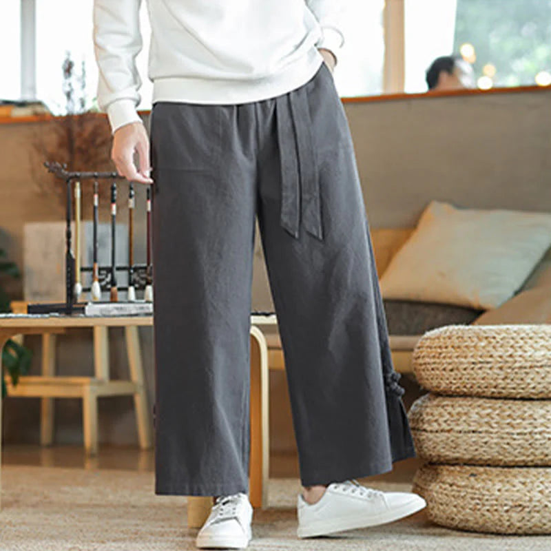 Buddha Stones Fall Drawstring Chinese Frog-Button Men's Wide Leg Cotton Pants With Pockets